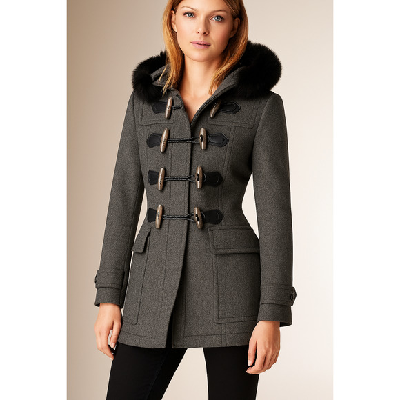 Burberry Brit Blackwell Toggle Wool Duffle Coat Gray XS Fur Trim Hood Jacket - Picture 1 of 5